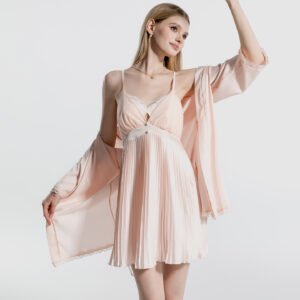 Rosewood lace openwork pleated skirt slip dress and robe set with bra