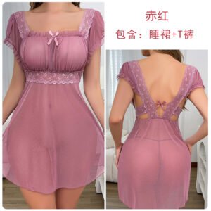 Sexy Lingerie Set with Sheer Lace, Square Neck, Bow Tie, and Backless Design (592)